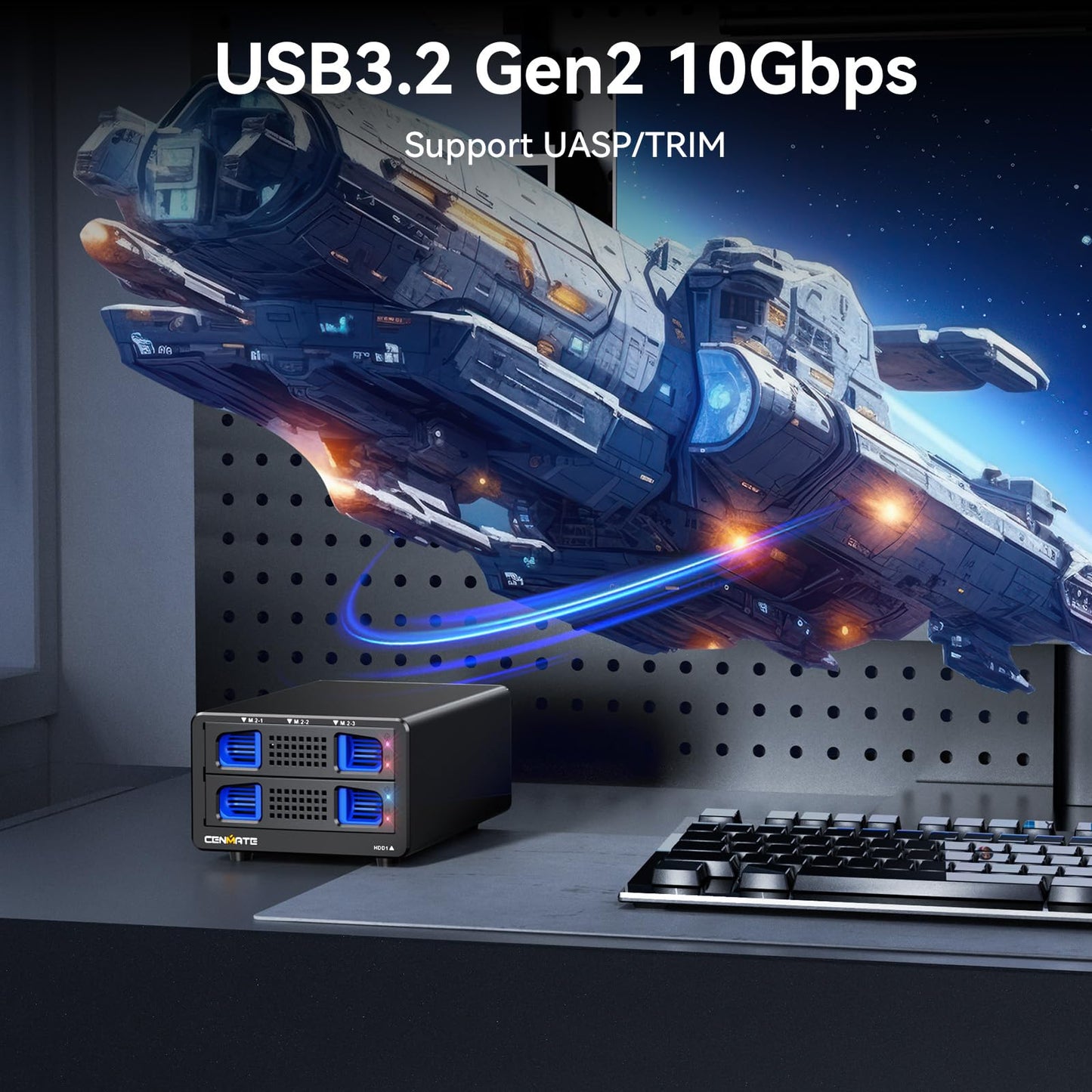 CENMATE Hybrid 2.5/3.5" SATA HDD/SSD+3* M / B+M Key M.2 NVMe Enclosure with Cooling Fan and USB A/C 3.2 Gen 2 (10Gbps), Hard Drive Enclosure Support 46TB(22TB HDD+3*8TB 2230/2242/2260/2280/22110 SSDs)