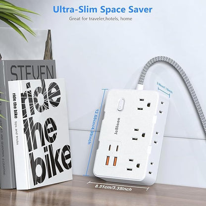Surge Protector Power Strip, 15 Ft Cord Ultra Thin Flat Extension Cord with 6 Outlets 4 USB Ports(2 USB C), 1050J Flat Plug Power Strip for College Dorm Room Essentials