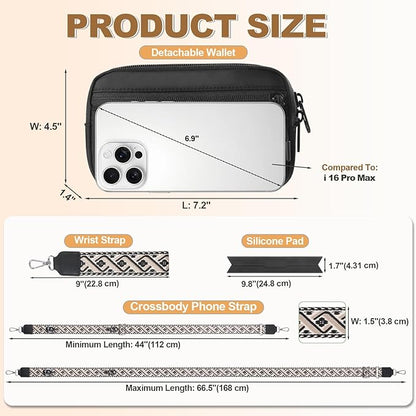Clip and Go Strap for Phone with Wallet Crossbody, Adjustable Phone Lanyard with Detachable RFID Wristlet Wallet, Pattern Strap - Black (L)