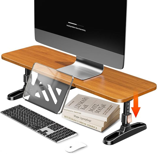 NIFBANG Wooden Monitor Stand Riser for Desk,Adjustable Height Monitor Shelf Riser with Phone Holder,Desk Storage Organizer Accessories,Wood Computer Screen Stands for Office,Home,Laptop,Printer,TV