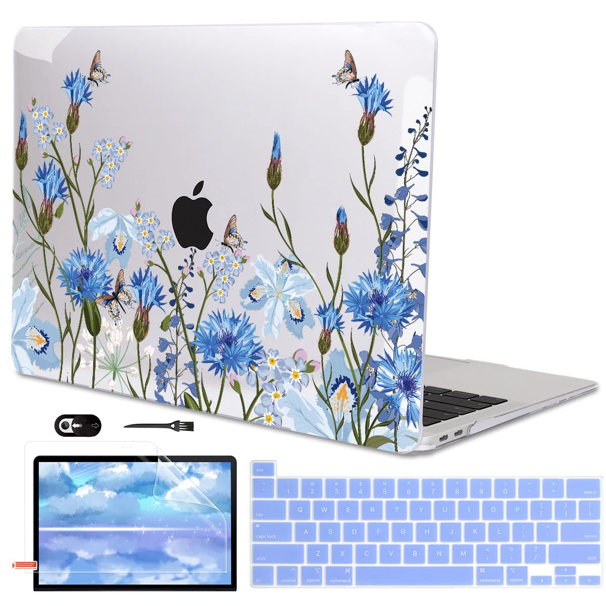 LCMOCICO for MacBook Pro 13 Inch Case 2022 M2 2020 2021 A2338 M1 A2251 A2289 with Touch Bar & Touch ID, Plastic Hard Case Keyboard Cover Screen Protector Webcam Cover Brush, Tropical Blue Flowers