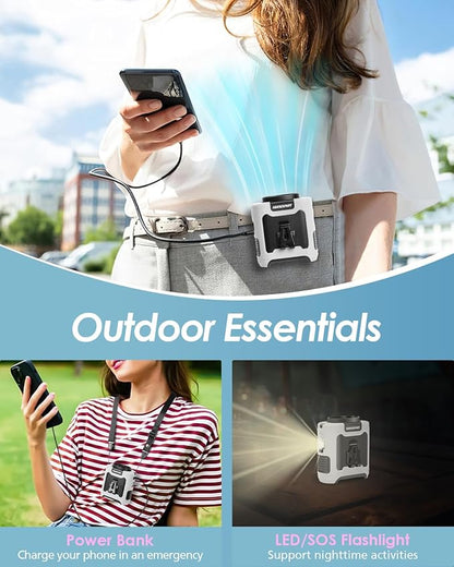 Portable Waist Fan Clip on, Personal Wearable Belt Fan 10000mAh Rechargeable Battery Under Shirt,5 Speeds with light, Neck Fan Hands-Free Cooling For Outdoor Camping Travel (White)