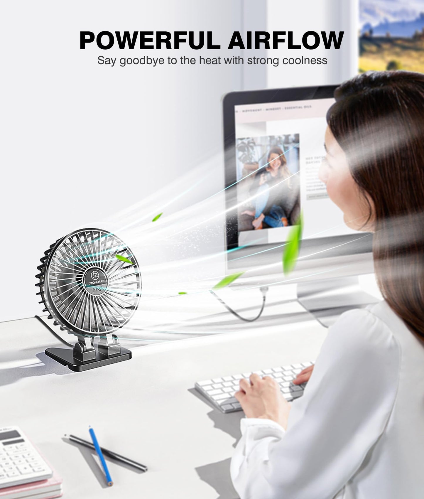 JZCreater USB Desk Fan, Mini Portable, 3 Speeds - Quiet Personal Cooling Fan for Home Desktop Office Travel Bedroom, Deep Black (2Pack)