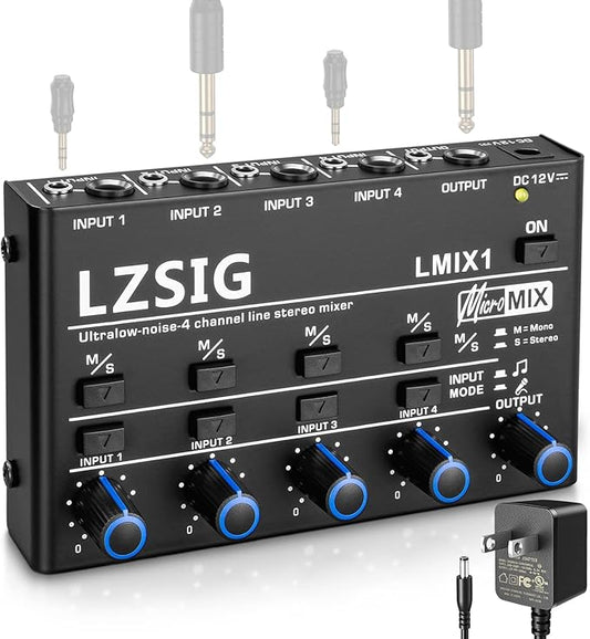 LZSIG Mini Audio Mixer, Stereo Line Mixer for Sub-Mixing, Ultra Low-Noise, 4-Channel, Dynamic Microphone Independent Control, 1/4" & 1/8" TRS Output and Input for Guitars,Bass,Keyboards