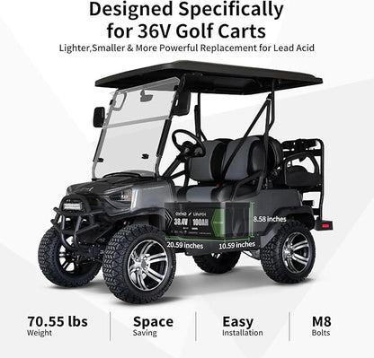 OKMO 36V 100AH Golf Cart Lifepo4 Lithium Battery with 43.8V 22A Charger, Built in 250A Bluetooth BMS, Peak Current 500A(3-5s), Perfect for Golf Cart