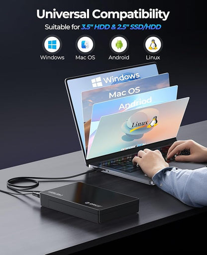 ORICO 3.5" External Hard Drive Enclosure SATA III to USB3.1 Type C for HDD Tool-Free Installation Supports UASP and 20TB Drives - Black