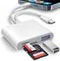 SD Card Reader for iPhone iPad Built-in Dual Cords (Lightening, USB-C) Card Reader with SD MicroSD USB-A 3 Slots Trail Camera Memory Card Viewer Portable No App Required Plug and Play - White