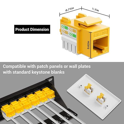 iwillink 10Gbps Cat6 Keystone Jack and Punch-Down Stand, 50-Pack, RJ45 Ethernet Keystone Jacks, 90-Degree UTP Modular Punch Down Keystone Jack Adapter, Yellow