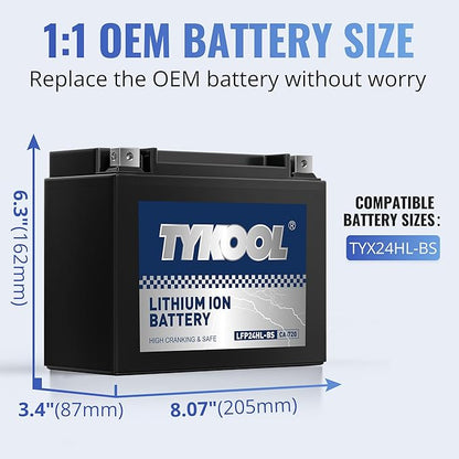 TYKOOL LFP24HL-BS Lithium Powersports Battery, Replaces YTX24HL-BS YTX24HL, 720CCA 16Ah fits for Can-Am Spyder RT F3 RS GS (2008-2022) Kawasaki Voyager XII (1986-2003) Honda GL1500 Gold Wing