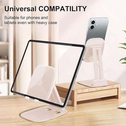 DEERLAMN Cell Phone Stand for Desk, Height Adjustable Cell Phone Holder Portable Desktop Stand, Travel Home Office Desk Accessories Compatible with iPhone 16/15/14/13/12/11 All Smartphone - Pink