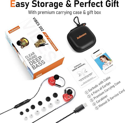 Vibes 202ML Wired Earbuds - HiFi in Ear Headphones - Noise-Isolating Ear Buds w/ Mic - Clear Sound, Deep Bass, Comfort-Fit Earphones - MMCX–Lightning for iPhone 5–14, Silver Plated Cord, Carrying Case