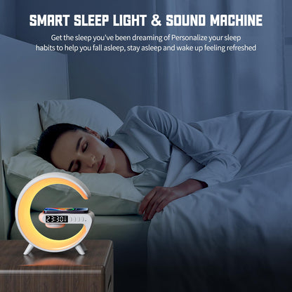 XCDIFA Mini LED Table Lamp with 4-in-1 Wireless Charger, Night Light, Sunrise Alarm Clock, Bluetooth Speaker, Smart Atmosphere Table Lamp for Bedroom, Office, Home Decor (White)