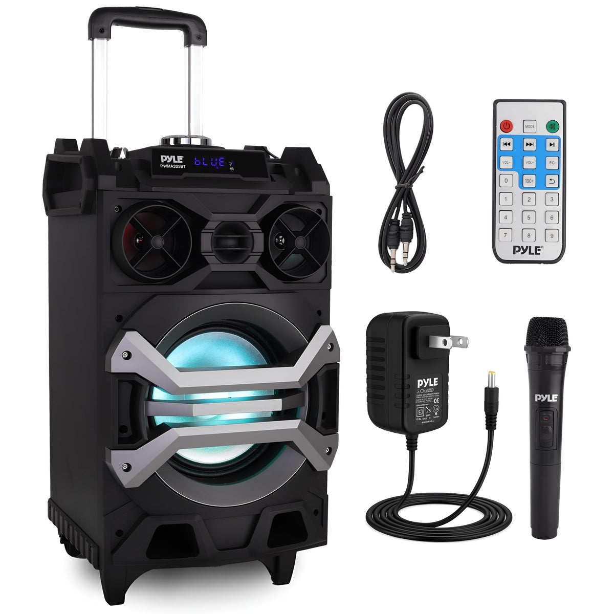 Pyle 500 Watt Portable BT Connectivity Karaoke Speaker System - PA Stereo with 8" Subwoofer, DJ Lights Rechargeable Battery Microphone, Recording Ability, MP3/USB/SD/FM Radio - PWMA325BT