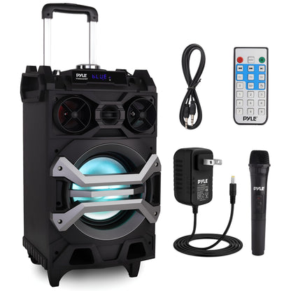 Pyle 500 Watt Portable BT Connectivity Karaoke Speaker System - PA Stereo with 8" Subwoofer, DJ Lights Rechargeable Battery Microphone, Recording Ability, MP3/USB/SD/FM Radio - PWMA325BT