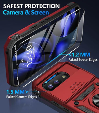 Taisairu for Google Pixel 9A Case with Screen Protector & Slide Camera Lens Cover, Built-in 360°Rotate Magnetic Ring Stand Shockproof Protective Phone Case for Google Pixel 9A Case (Red)