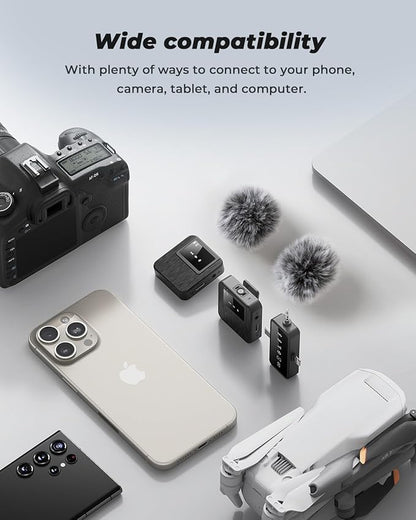 3-in-1 Mini Microphone for iPhone, Android, Camera - 328ft Long Range, 20H Battery Life, Wireless Microphones, Lapel Mic with AI Noise Reduction for Video Recording, YouTube, TikTok