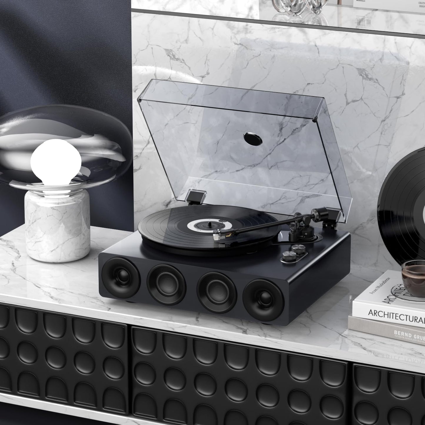1 BY ONE High Fidelity Record Player, All-in-One Turntable with Built in Speakers Phono Preamp, Magnetic AT-3600L Cartridge, RCA Output, Belt Drive 2-Speed, Piano Lacquer Grey