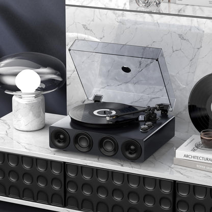 1 BY ONE High Fidelity Record Player, All-in-One Turntable with Built in Speakers Phono Preamp, Magnetic AT-3600L Cartridge, RCA Output, Belt Drive 2-Speed, Piano Lacquer Grey