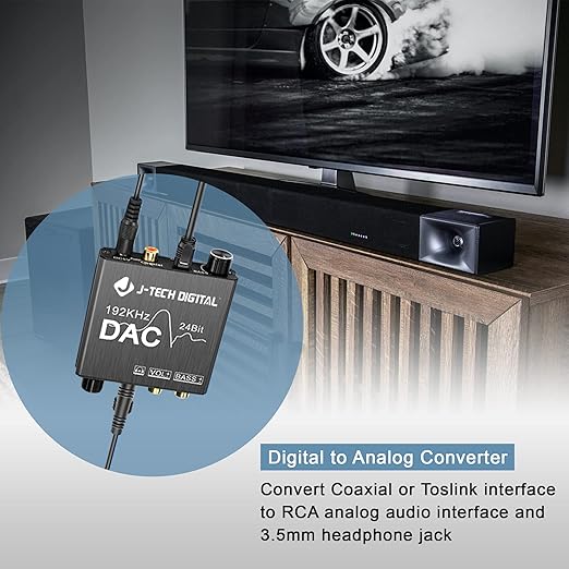 Digital to Analog Audio Converter with Headphone Amplifier & Bass Control by J-Tech Digital | 192kHz 24bit Optical Coaxial RCA 3.5mm