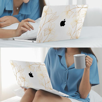 Mektron for 2025 M4 MacBook Air 13.6 Inch A3240 Case Fits 2023 A2681 M2 2024 A3113 M3 Chip with Liquid Retina Display Touch ID, Printed Plastic Hard Shell Cover for MacBook Air 13.6", Gold Flower S718