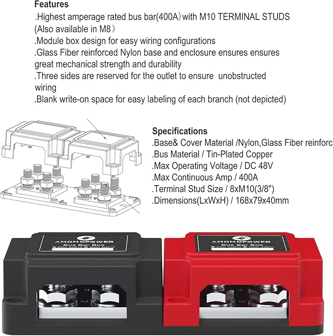 Heavy Duty 400A 12-48V Tin-Plated Copper Block Bus Bar 8xM10(3/8") Studs Independent Modular Positive Negative Ground Battery Junction Block Buss Bar for Solar System Marine Truck Boat