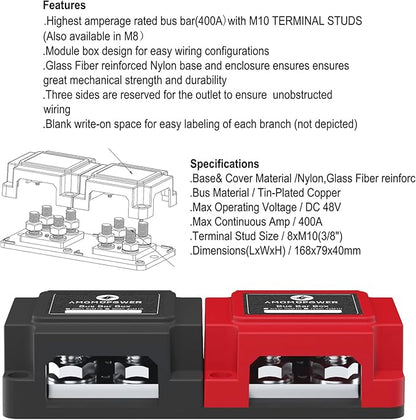 Heavy Duty 400A 12-48V Tin-Plated Copper Block Bus Bar 8xM10(3/8") Studs Independent Modular Positive Negative Ground Battery Junction Block Buss Bar for Solar System Marine Truck Boat