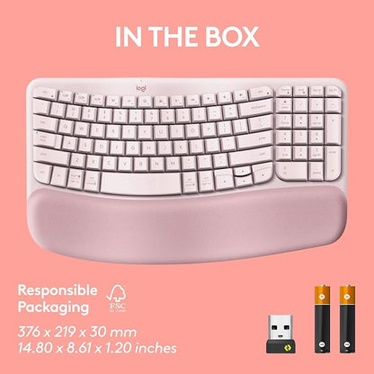 Logitech Wave Keys Wireless Ergonomic Keyboard with Cushioned Palm Rest, Comfortable Natural Typing, Easy-Switch, Bluetooth, Logi Bolt Receiver, for Multi-OS, Windows/Mac - Rose