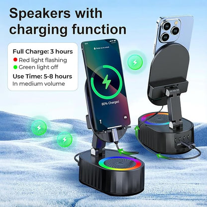 Wireless Induction Audio Bluetooth Speaker 5in1 Phone Holder Emergency Rechargeable (3000mAh) with Colorful Ambient Light 300° Foldable for Tablet iPhone Android, Gifts for Men Women (Black)