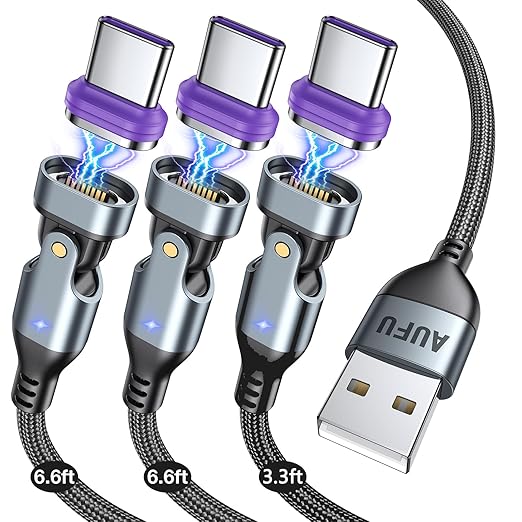 AUFU 16PIN USB C Magnetic Charging Cable (3Pack, 3.3/6.6/6.6ft), 180° Rotation Magnet Charger Cable/Magnetic USB C Cables/Magnet Phone Charger/Data Transfer Charging Cables for Phone/Tablet/Laptop