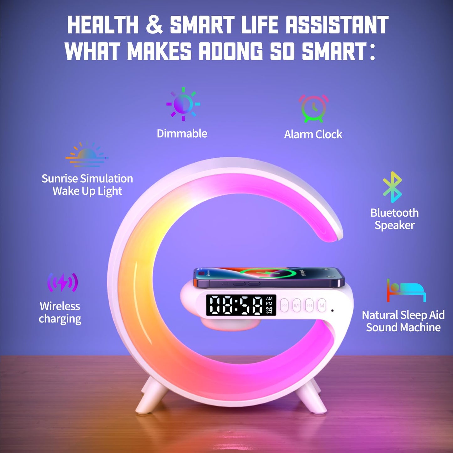 XCDIFA Mini LED Table Lamp with 4-in-1 Wireless Charger, Night Light, Sunrise Alarm Clock, Bluetooth Speaker, Smart Atmosphere Table Lamp for Bedroom, Office, Home Decor (White)