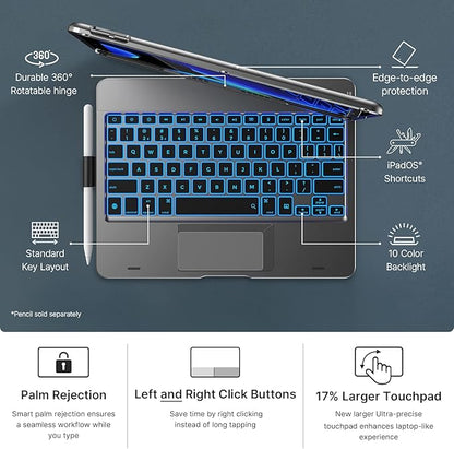 typecase Touch iPad 9th Generation Case with Keyboard (10.2", 2021), Multi-Touch Trackpad, 10 Color Backlight, 360° Rotatable, Thin & Light for iPad 8th Gen, 7th Gen, Air 3, Pro 10.5 (Space Gray)