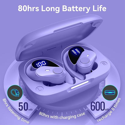 GOLREX Active Noise Cancelling Ear Buds Wireless Earbuds Bluetooth Headphones with 80H Playtime LED Display Wireless Charging Case, Over-Ear Hooks Earbud for Sports Running Gym Workout Purple