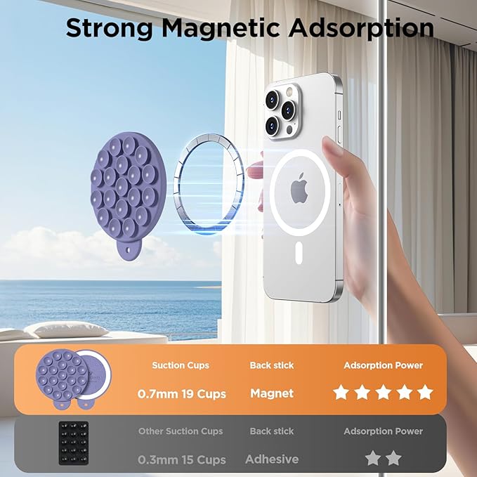 Magnetic Suction Cup Phone Mount for MagSafe Case, Silicone Hands-Free Grip Holder for iPhone and Android, Mirror Shower Phone Stand for Makeup FaceTime Gym Kitchen Bathroom, Lavender