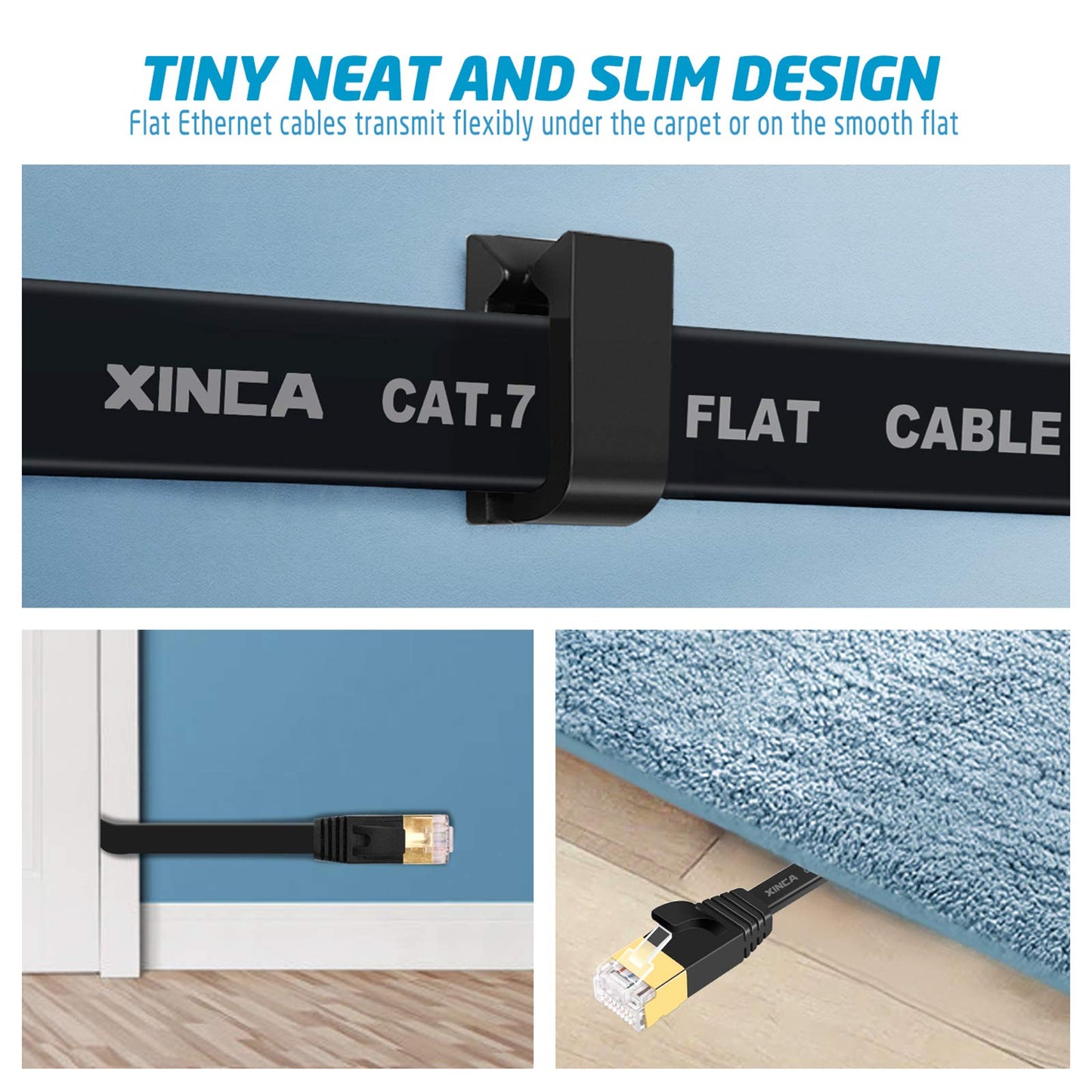 XINCA Cat 7 Flat Ethernet Cable 25ft Black, High Speed 10GB Shielded (STP) LAN Internet Network Cable Ethernet Patch Computer Cable with Rj45 Connectors and 10pcs Adhesive Clips