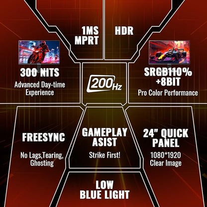 SANSUI Gaming Monitor, 24 Inch 200Hz 180Hz, FHD 1080P 1ms 110% sRGB Computer Monitor, HDMI DP Ports VESA Support for Game Office (HDMI Cable Included ES-G24F4H)