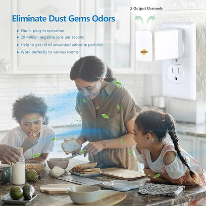 evron Plug-In Air Ionizer for Home & Travel, 20 Million Negative Ions/sec, Compact & Foldable Prongs, No Filter Needed, Quiet Odor Eliminator for Room, Pet, Bathroom, Hotel (Blue light 1 Pack)