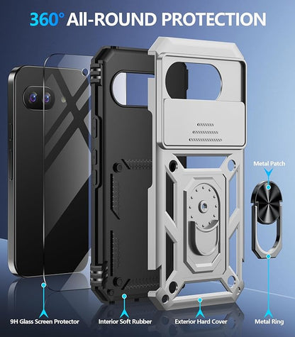Taisairu for Google Pixel 9A Case with Screen Protector & Slide Camera Lens Cover, Built-in 360°Rotate Magnetic Ring Stand Shockproof Protective Phone Case for Google Pixel 9A Case (Silver)