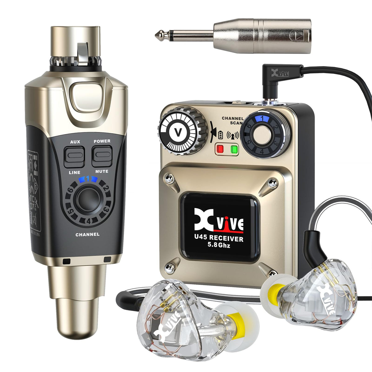 Xvive U45T9 Wireless in Ear Monitor System 5.8ghz with T9 2BA Drivers IEM Earphone, IEM System Transmitter and Bodypack Receiver for Studio, Band Rehearsal, Live Performance, Channel Scan Mode