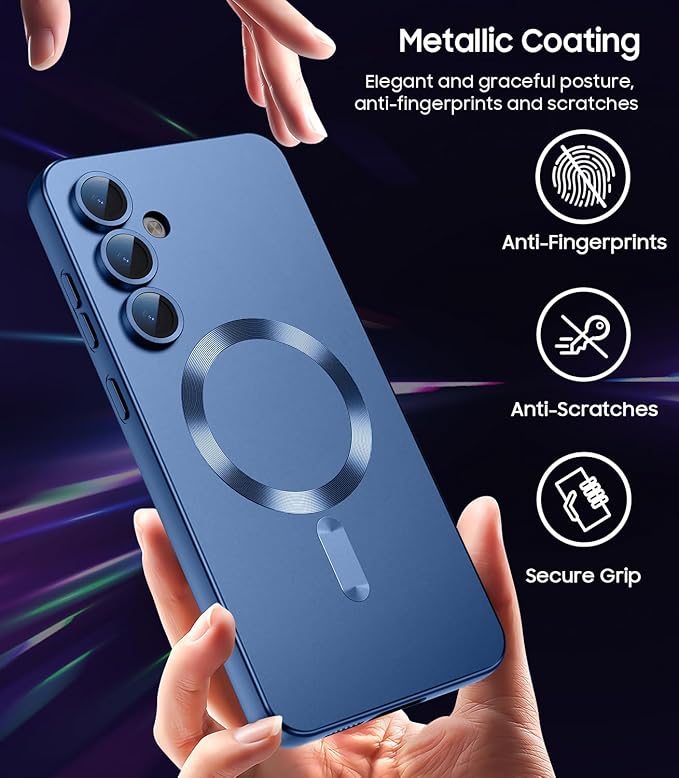 Magnetic for Samsung Galaxy S24 FE Case [Compatible with MagSafe][Built-in Camera Lens Protector] Slim Soft Silicone Bumper Shockproof Metallic Luster Phone Cover (Blue)