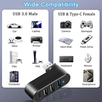 VIENON 4-Port USB 3.0 Hub [90°/180° Degree Rotatable], USB Splitter with PD-in 5W USB C Port, USB Extender for Laptop, Car, iMac, MacBook Air, MacBook Pro, and More