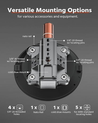 4.5" Suction Cup Camera Mount – Car, Windshield & Dash Cam Mount with Cold Shoe, NATO Rail, 1/4"-20 & 3/8-16 Threads (4.5“)