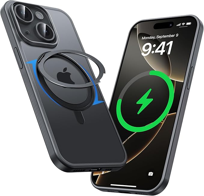 MAGIC JOHN for iPhone 15 Case 360° Rotatable Magnetic Invisible Stand, Fit for MagSafe 15 Phone Case, 16FT Military Grade Shockproof for iPhone Case with Kickstand, Black