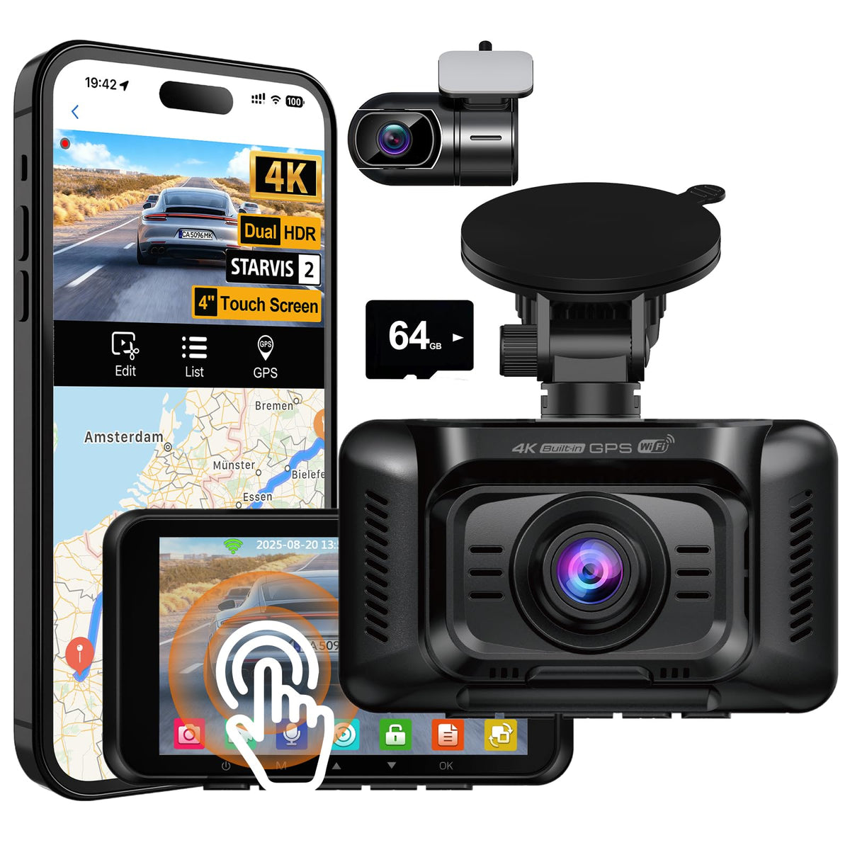 HUPEJOS 4K Dash Cam Front and Rear,STARVIS 2 HDR Dash Camera for Car