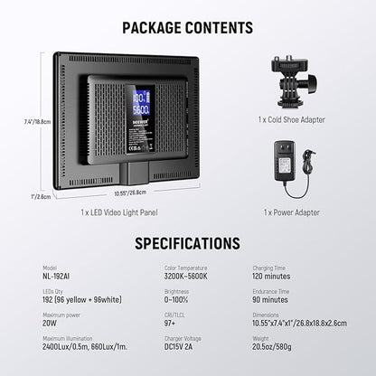 NEEWER 192 LED Video Light Panel, 20W Ultra Thin Bi Color Dimmable DSLR Camera Soft Light, 8000mAh Built in Lithium Battery, 3200-5600K CRI97+, Key Lighting for Studio Photography Recording Streaming