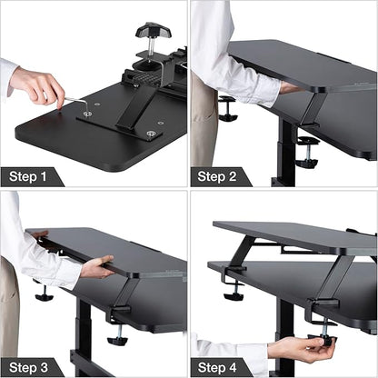 AVLT Clamp Desk Shelf Dual 32" Monitor Riser With Slide-out Holder for Convertible Laptop, Tablet, Smartphone (Black) - Floating Stand (Clamp-On Shelf Only)