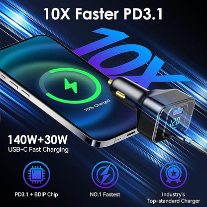 170W PD3.1 Car Charger with LED Voltage Display, USB-C Cigarette Lighter Adapter Fast Charging (140W+30W) for iPhone 16 Pro Max/Samsung S25 Ultra/MacBook/Drones/Laptops, 12V-24V Vehicle