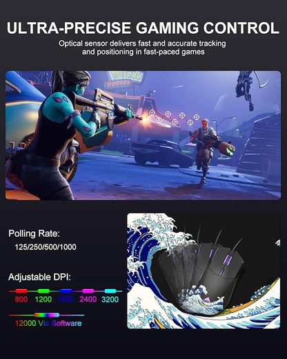 COSTOM Womier G705 USB Wired Gaming Mouse for PC Computer Windows Mac Laptop, Lightweight Silent RGB Backlit Mouse with Adjustable 12000DPI/7 Programmable Side Buttons,Black Kanagawa Theme