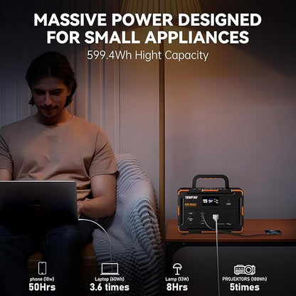 600W Solar Generator 599.4Wh Portable Power Station, 162000mAh Battery w/ PD100W & Pure Sine Wave AC, Solar Charging for Camping, RV, Home Backup (SOS Light & LCD Display)