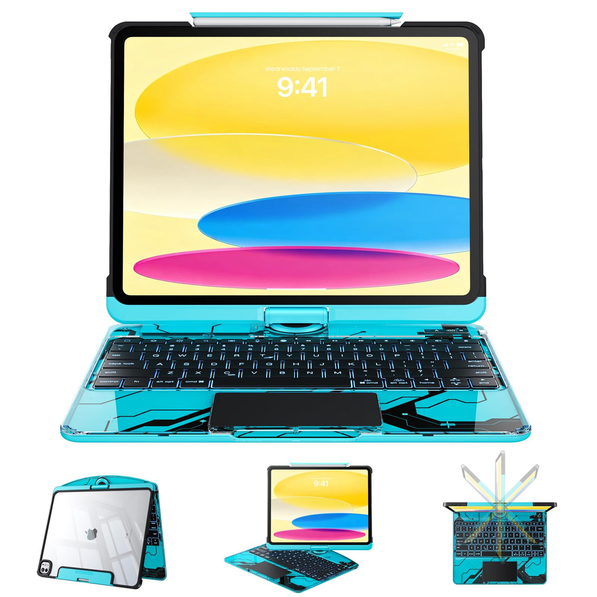 Tiaota Transparent Case Keyboard for iPad 11th Gen 11 inch (A16, 2025) & 2022 iPad 10th Gen 10.9 in,7-Color Backlit,Wireless Keyboard, 360°Rotating,Multi-Touch trackpad, Pencil Slot,Shortcuts,Black