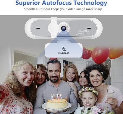NexiGo N660P 1080P 60FPS Webcam with Software Control, Dual Microphone & Cover, Autofocus, HD USB Computer Web Camera, for OBS/Zoom/Skype/FaceTime/Teams/Twitch, White